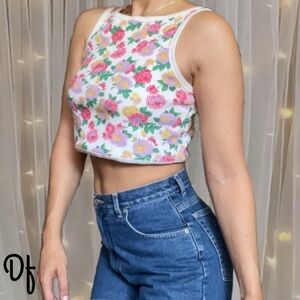 Vintage Floral Crop Top - White with Pink and Green Floral Size S